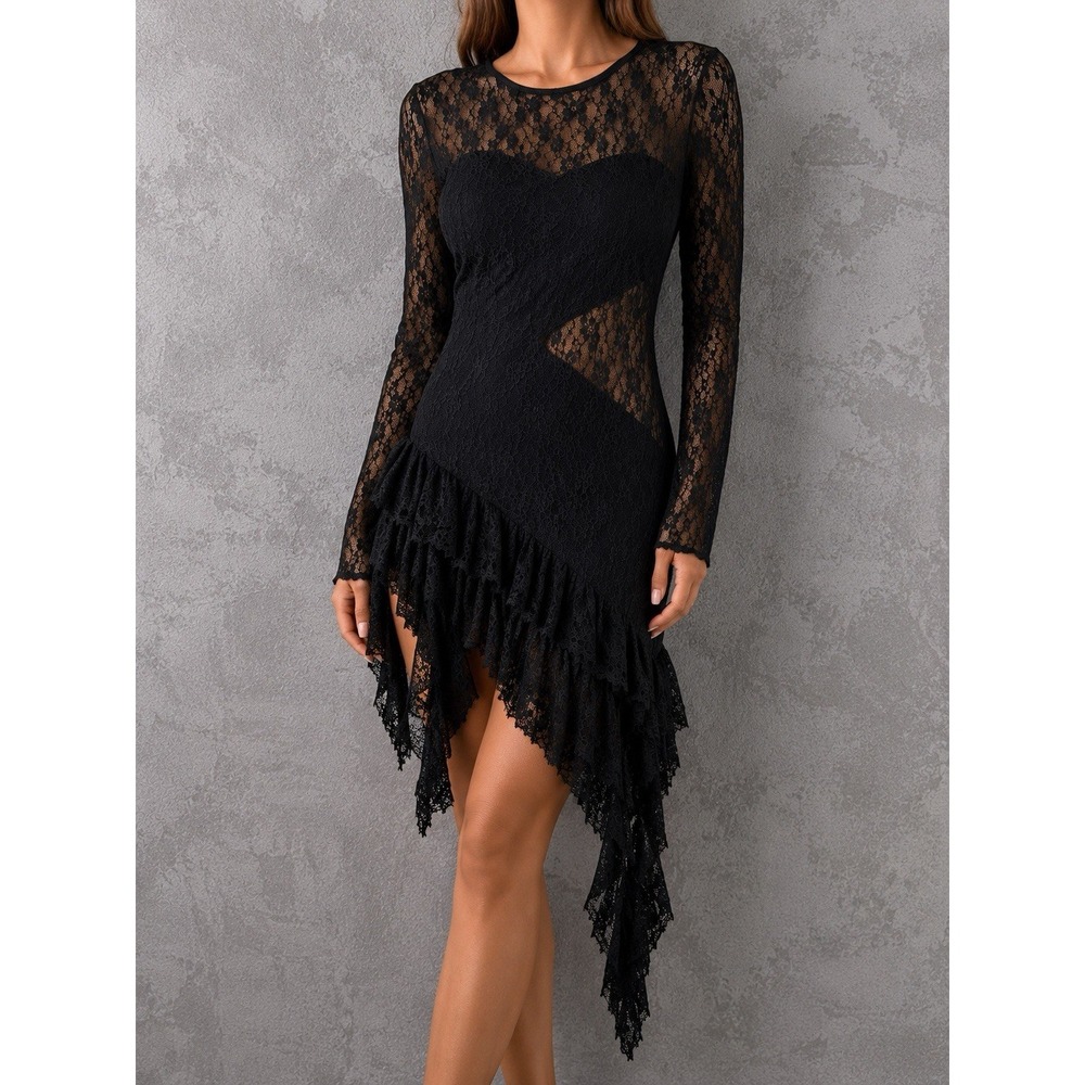 Miss Circle Lace Mini Dress Womens XS Black Sheer Dark Romantic Witchy Goth